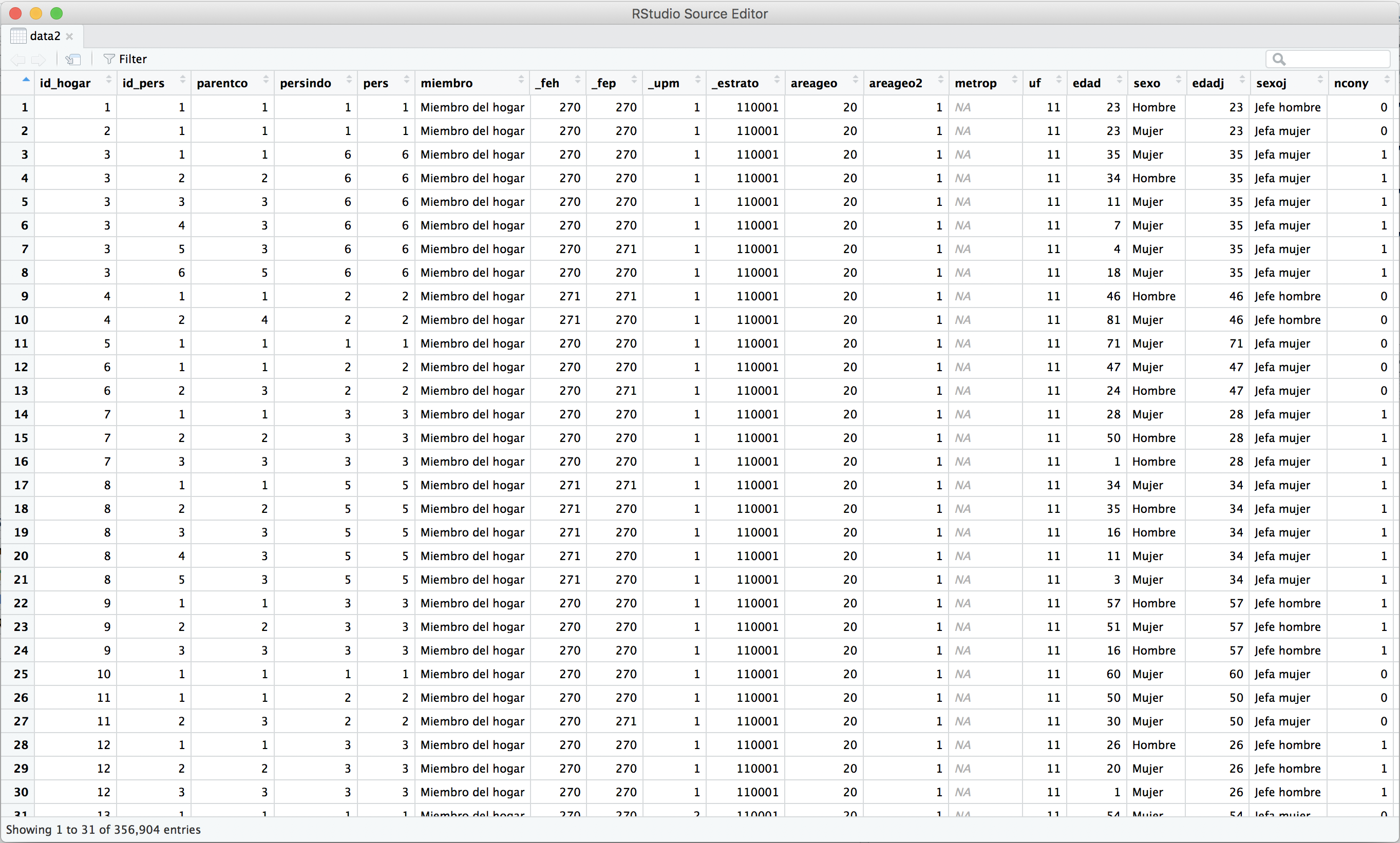 Visor de bases de datos de RStudio